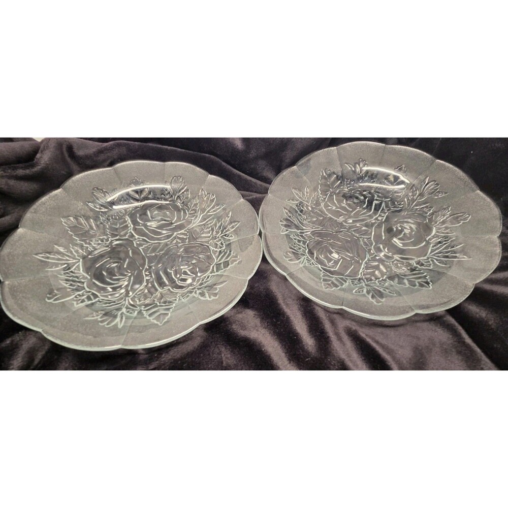 *2* Vintage Pasari Livia Glass Bowls Raised Roses Frosted Edge Scalloped Rim 9 "